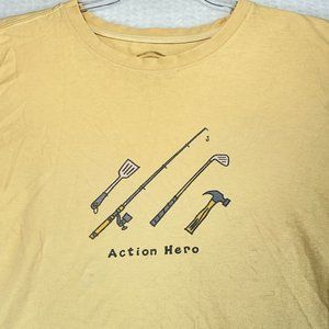 LIFE IS GOOD Mens L Yellow Action Hero Shirt Hobby Dad Fathers Day Short Sleeve